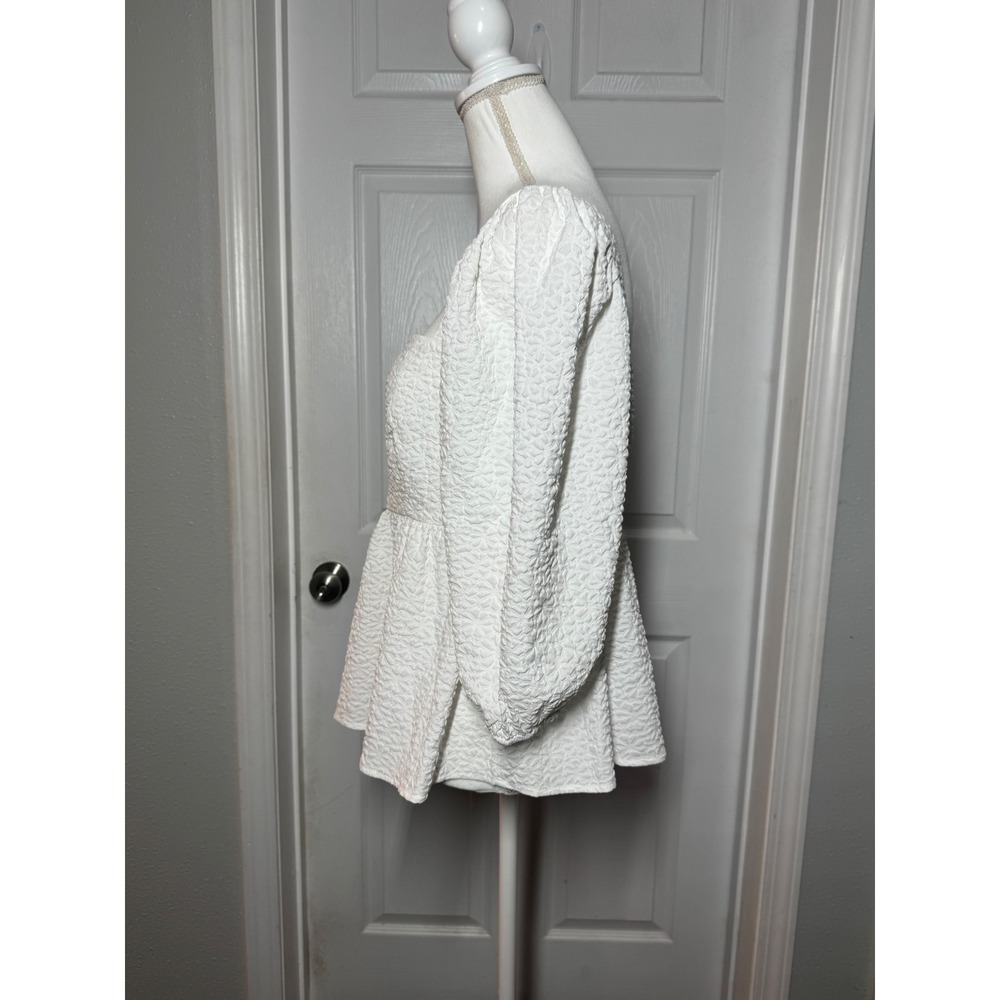TCEC Peplum Puff Sleeve Babydoll Top Large White Textured Jacquard - Picture 4 of 7